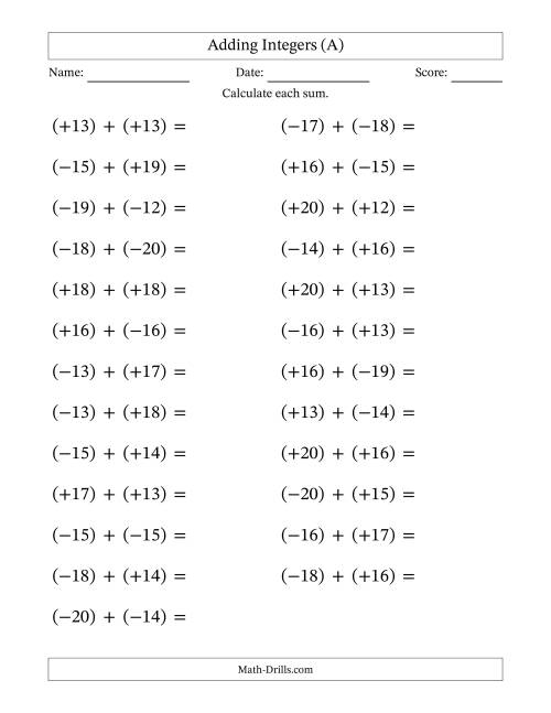 The Adding Mixed Integers from -20 to 20 (25 Questions; Large Print; All Parentheses) (A) Math Worksheet
