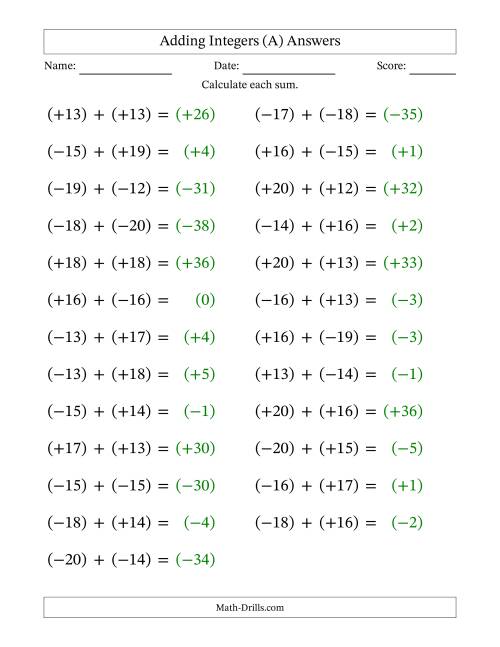 The Adding Mixed Integers from -20 to 20 (25 Questions; Large Print; All Parentheses) (A) Math Worksheet Page 2