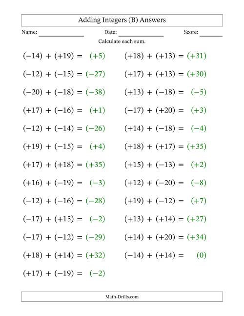 The Adding Mixed Integers from -20 to 20 (25 Questions; Large Print; All Parentheses) (B) Math Worksheet Page 2