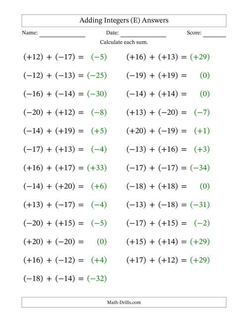 The Adding Mixed Integers from -20 to 20 (25 Questions; Large Print; All Parentheses) (E) Math Worksheet Page 2