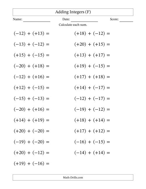 The Adding Mixed Integers from -20 to 20 (25 Questions; Large Print; All Parentheses) (F) Math Worksheet