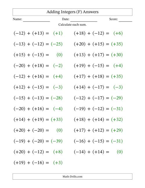 The Adding Mixed Integers from -20 to 20 (25 Questions; Large Print; All Parentheses) (F) Math Worksheet Page 2