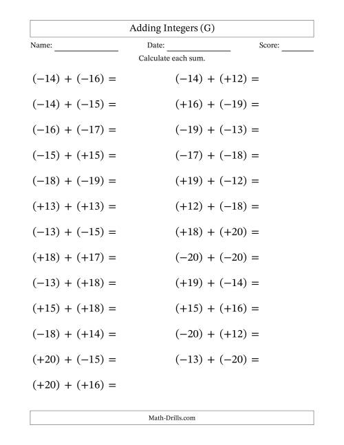 The Adding Mixed Integers from -20 to 20 (25 Questions; Large Print; All Parentheses) (G) Math Worksheet