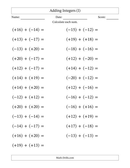 The Adding Mixed Integers from -20 to 20 (25 Questions; Large Print; All Parentheses) (I) Math Worksheet