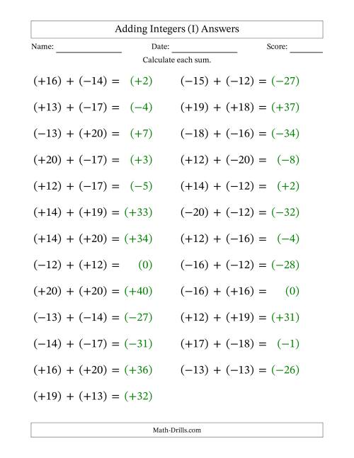 The Adding Mixed Integers from -20 to 20 (25 Questions; Large Print; All Parentheses) (I) Math Worksheet Page 2