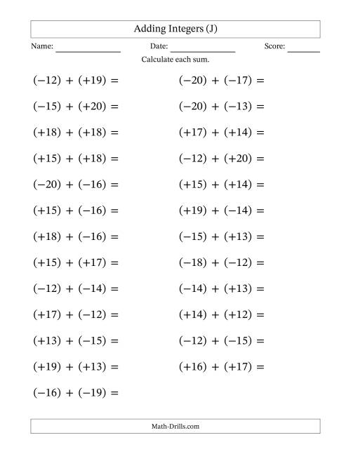 The Adding Mixed Integers from -20 to 20 (25 Questions; Large Print; All Parentheses) (J) Math Worksheet
