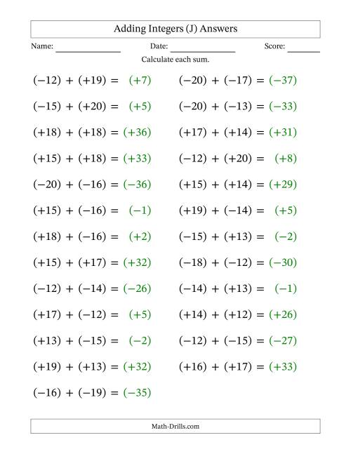 The Adding Mixed Integers from -20 to 20 (25 Questions; Large Print; All Parentheses) (J) Math Worksheet Page 2