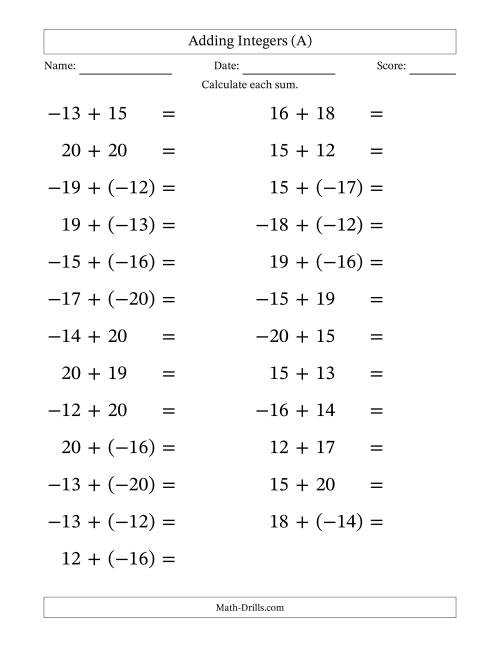 The Adding Mixed Integers from -20 to 20 (25 Questions; Large Print) (A) Math Worksheet
