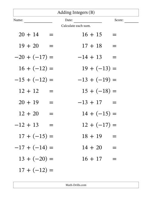 The Adding Mixed Integers from -20 to 20 (25 Questions; Large Print) (B) Math Worksheet