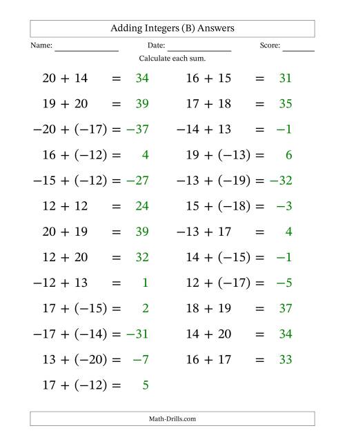 The Adding Mixed Integers from -20 to 20 (25 Questions; Large Print) (B) Math Worksheet Page 2