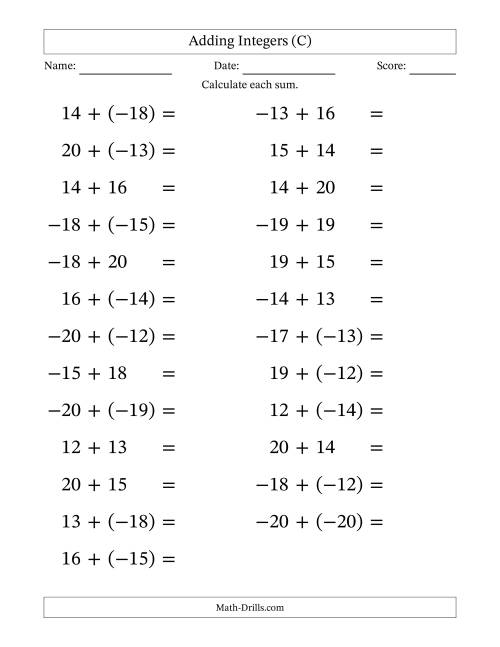 The Adding Mixed Integers from -20 to 20 (25 Questions; Large Print) (C) Math Worksheet