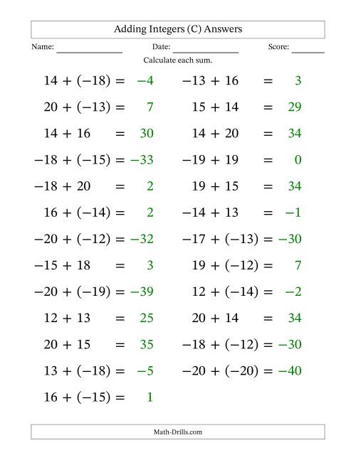 The Adding Mixed Integers from -20 to 20 (25 Questions; Large Print) (C) Math Worksheet Page 2