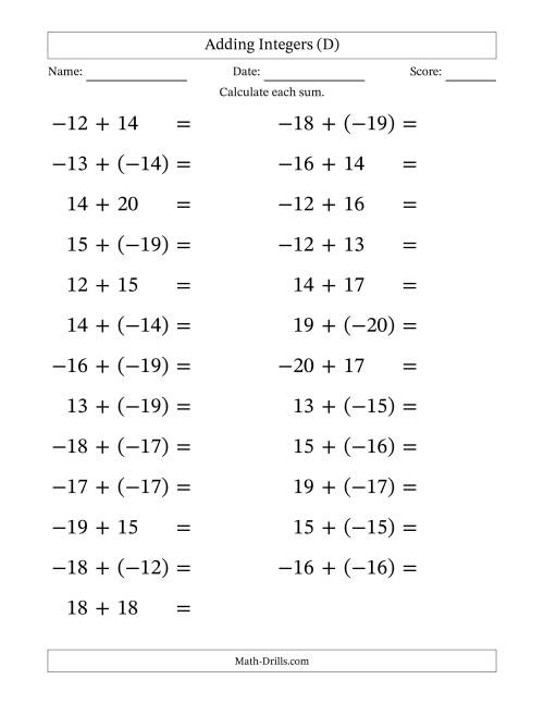 The Adding Mixed Integers from -20 to 20 (25 Questions; Large Print) (D) Math Worksheet