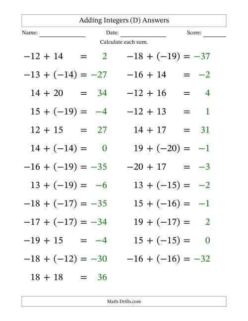 The Adding Mixed Integers from -20 to 20 (25 Questions; Large Print) (D) Math Worksheet Page 2