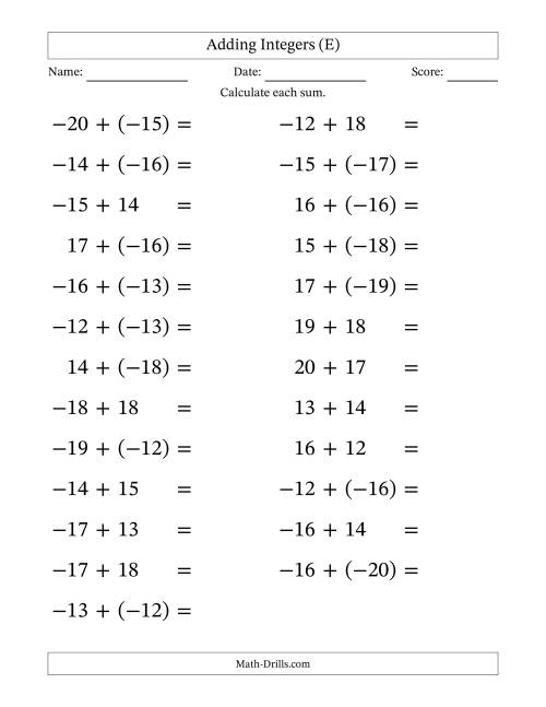The Adding Mixed Integers from -20 to 20 (25 Questions; Large Print) (E) Math Worksheet