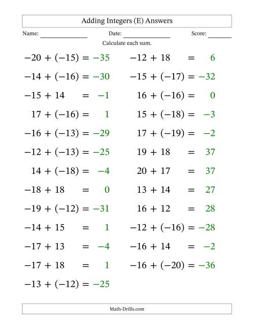 The Adding Mixed Integers from -20 to 20 (25 Questions; Large Print) (E) Math Worksheet Page 2