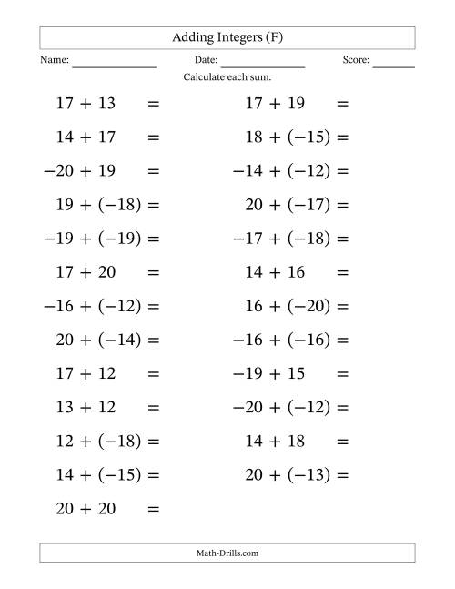 The Adding Mixed Integers from -20 to 20 (25 Questions; Large Print) (F) Math Worksheet