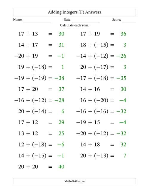 The Adding Mixed Integers from -20 to 20 (25 Questions; Large Print) (F) Math Worksheet Page 2
