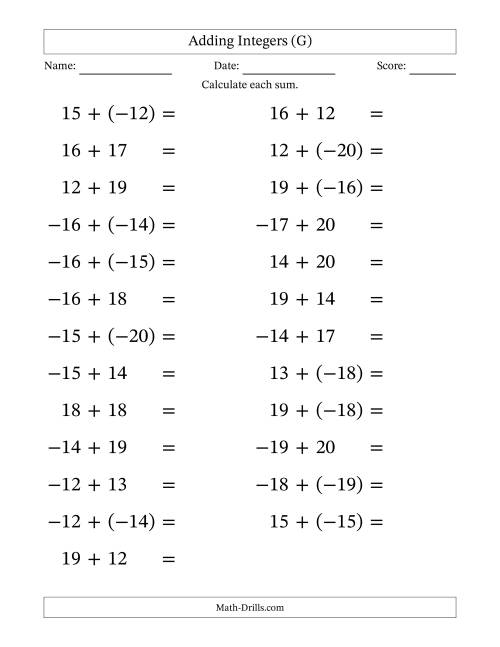 The Adding Mixed Integers from -20 to 20 (25 Questions; Large Print) (G) Math Worksheet