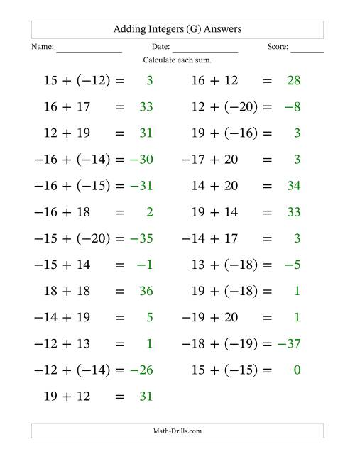 The Adding Mixed Integers from -20 to 20 (25 Questions; Large Print) (G) Math Worksheet Page 2