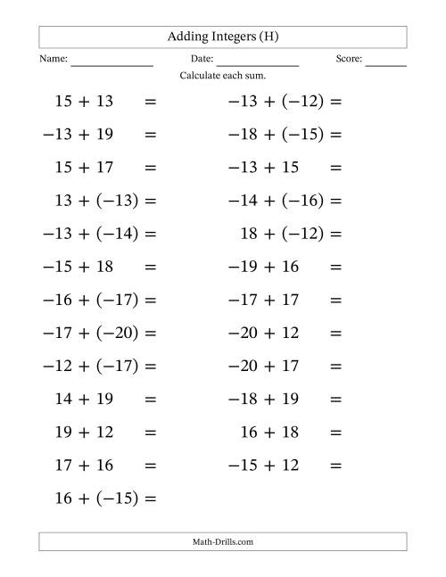The Adding Mixed Integers from -20 to 20 (25 Questions; Large Print) (H) Math Worksheet