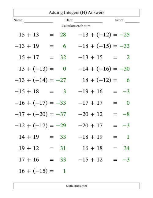 The Adding Mixed Integers from -20 to 20 (25 Questions; Large Print) (H) Math Worksheet Page 2
