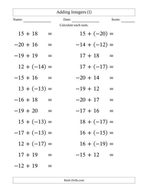 The Adding Mixed Integers from -20 to 20 (25 Questions; Large Print) (I) Math Worksheet