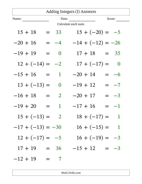 The Adding Mixed Integers from -20 to 20 (25 Questions; Large Print) (I) Math Worksheet Page 2