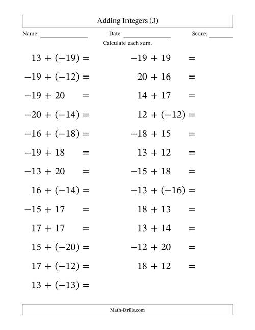 The Adding Mixed Integers from -20 to 20 (25 Questions; Large Print) (J) Math Worksheet