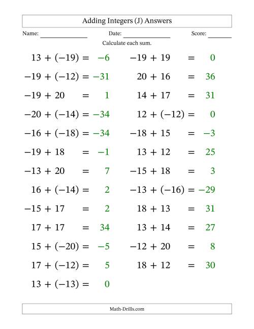 The Adding Mixed Integers from -20 to 20 (25 Questions; Large Print) (J) Math Worksheet Page 2