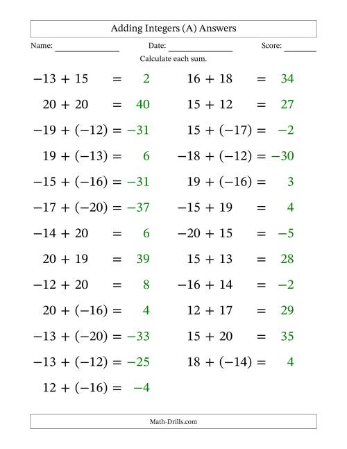 The Adding Mixed Integers from -20 to 20 (25 Questions; Large Print) (All) Math Worksheet Page 2