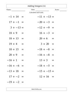 Adding Mixed Integers from -20 to 20 (25 Questions; Large Print; No Parentheses)