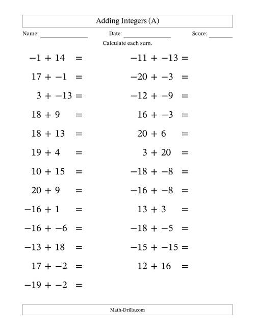 The Adding Mixed Integers from -20 to 20 (25 Questions; Large Print; No Parentheses) (A) Math Worksheet