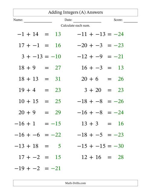 The Adding Mixed Integers from -20 to 20 (25 Questions; Large Print; No Parentheses) (A) Math Worksheet Page 2