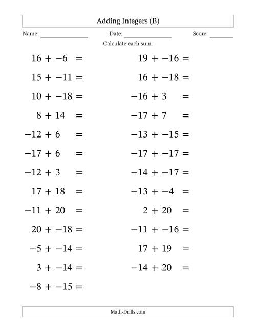 The Adding Mixed Integers from -20 to 20 (25 Questions; Large Print; No Parentheses) (B) Math Worksheet
