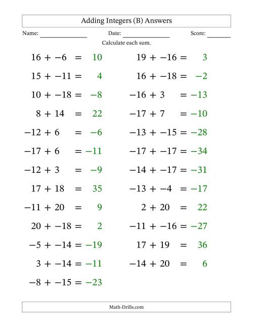 The Adding Mixed Integers from -20 to 20 (25 Questions; Large Print; No Parentheses) (B) Math Worksheet Page 2