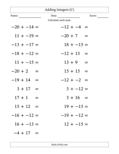 The Adding Mixed Integers from -20 to 20 (25 Questions; Large Print; No Parentheses) (C) Math Worksheet