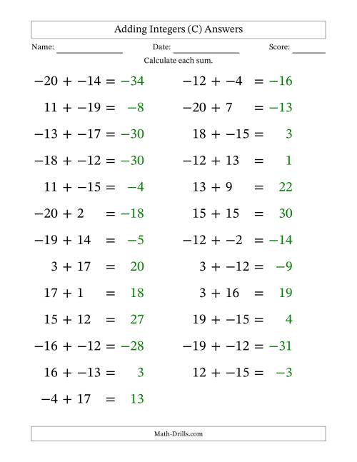 The Adding Mixed Integers from -20 to 20 (25 Questions; Large Print; No Parentheses) (C) Math Worksheet Page 2