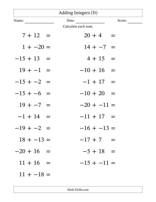The Adding Mixed Integers from -20 to 20 (25 Questions; Large Print; No Parentheses) (D) Math Worksheet