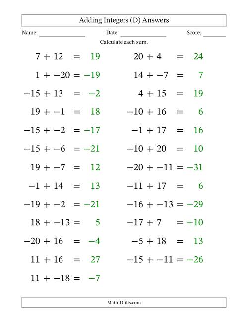 The Adding Mixed Integers from -20 to 20 (25 Questions; Large Print; No Parentheses) (D) Math Worksheet Page 2