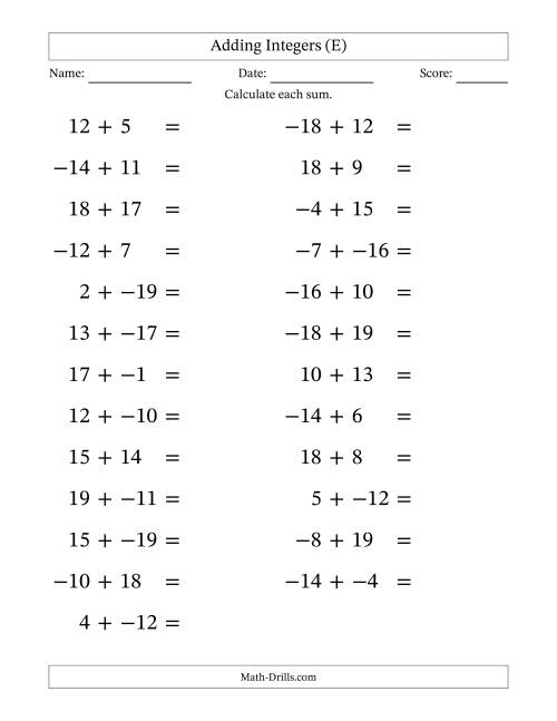 The Adding Mixed Integers from -20 to 20 (25 Questions; Large Print; No Parentheses) (E) Math Worksheet