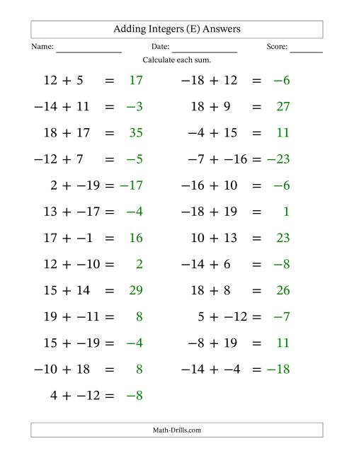 The Adding Mixed Integers from -20 to 20 (25 Questions; Large Print; No Parentheses) (E) Math Worksheet Page 2