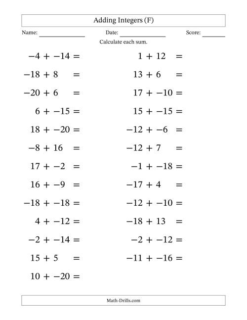 The Adding Mixed Integers from -20 to 20 (25 Questions; Large Print; No Parentheses) (F) Math Worksheet