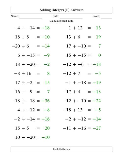 The Adding Mixed Integers from -20 to 20 (25 Questions; Large Print; No Parentheses) (F) Math Worksheet Page 2