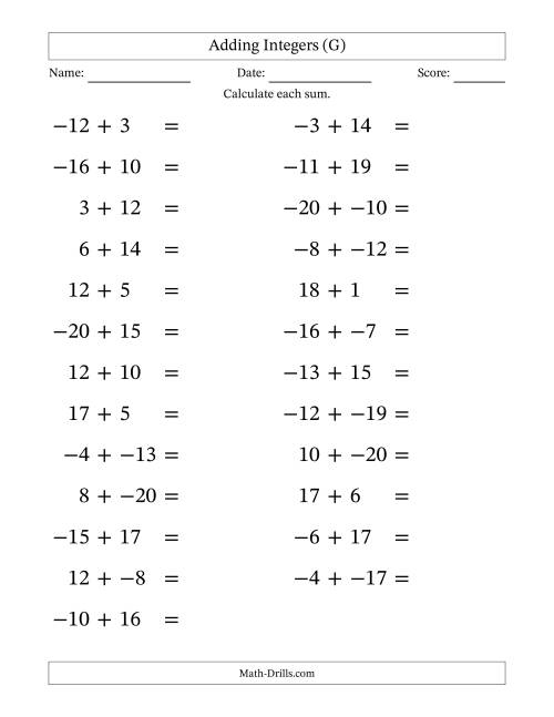 The Adding Mixed Integers from -20 to 20 (25 Questions; Large Print; No Parentheses) (G) Math Worksheet