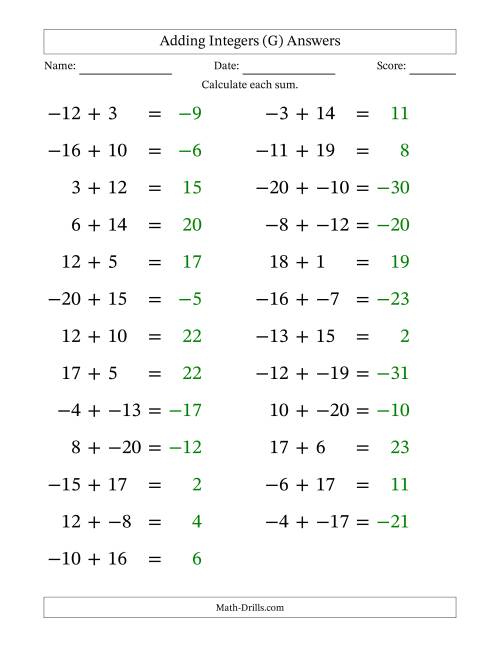 The Adding Mixed Integers from -20 to 20 (25 Questions; Large Print; No Parentheses) (G) Math Worksheet Page 2