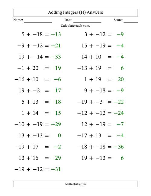 The Adding Mixed Integers from -20 to 20 (25 Questions; Large Print; No Parentheses) (H) Math Worksheet Page 2