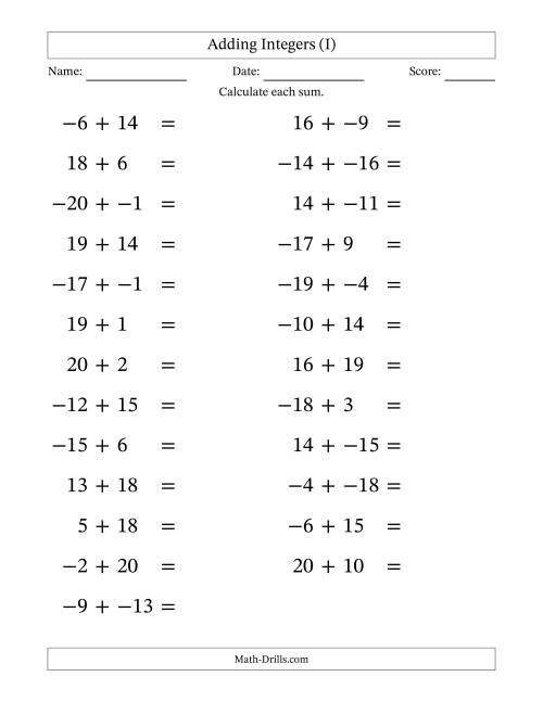 The Adding Mixed Integers from -20 to 20 (25 Questions; Large Print; No Parentheses) (I) Math Worksheet