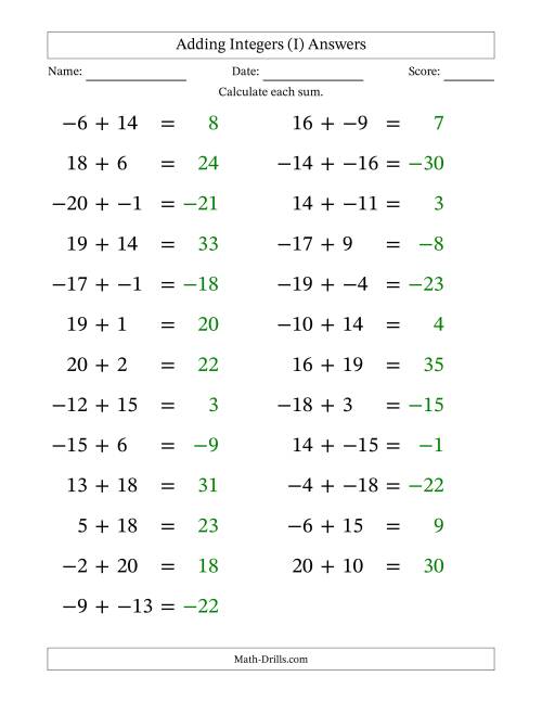The Adding Mixed Integers from -20 to 20 (25 Questions; Large Print; No Parentheses) (I) Math Worksheet Page 2