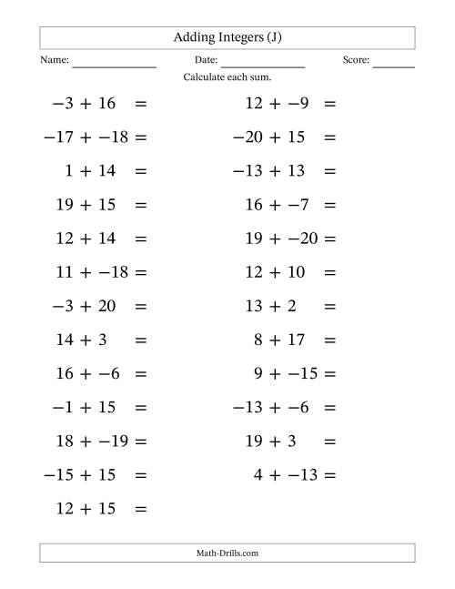 The Adding Mixed Integers from -20 to 20 (25 Questions; Large Print; No Parentheses) (J) Math Worksheet